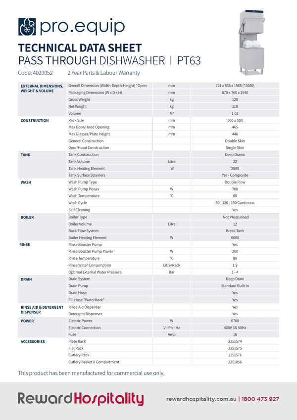 Pro.Equip PT63 - Pass Through Dishwasher