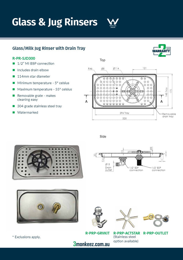 3Monkeez R-PR-SJD300 - Glass/Milk Jug Rinser With Drain Tray