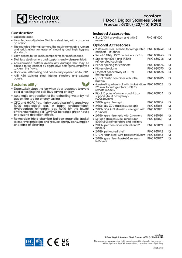 Electrolux Professional ecostore RE471FF - Single Door Upright Freezer