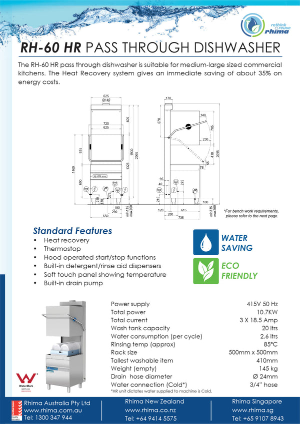 Rhima RH-60HR - Pass Through Dishwasher with Heat Recovery Unit