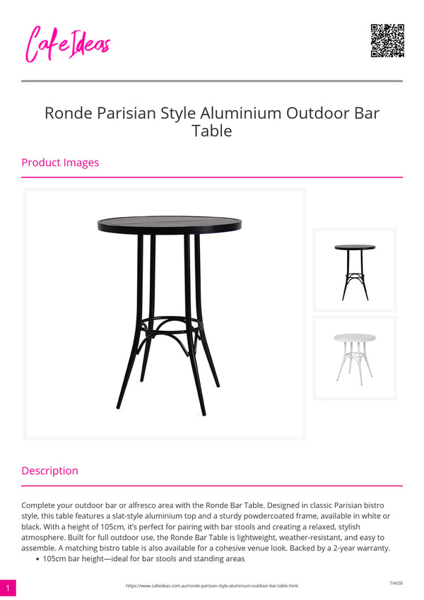 Ronde Parisian Style Aluminium Outdoor Bar Table