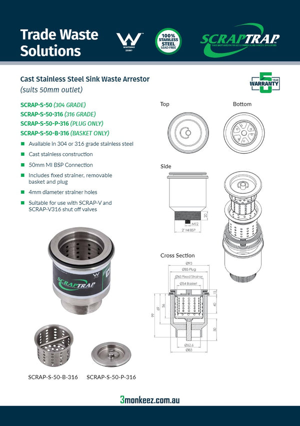 3Monkeez SCRAP-S-50 - Cast Stainless Steel Sink Waste Arrestor