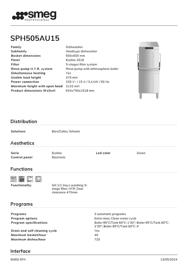 Smeg Professional Ecoline SPH505AU15 - Pass Through Dishwasher
