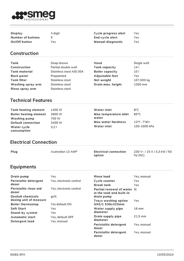 Smeg Professional Ecoline SPH505AU15 - Pass Through Dishwasher