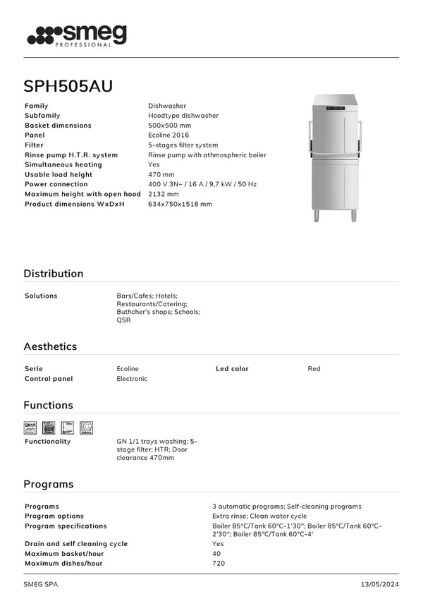 Smeg Professional Ecoline SPH505AU - Pass Through Dishwasher