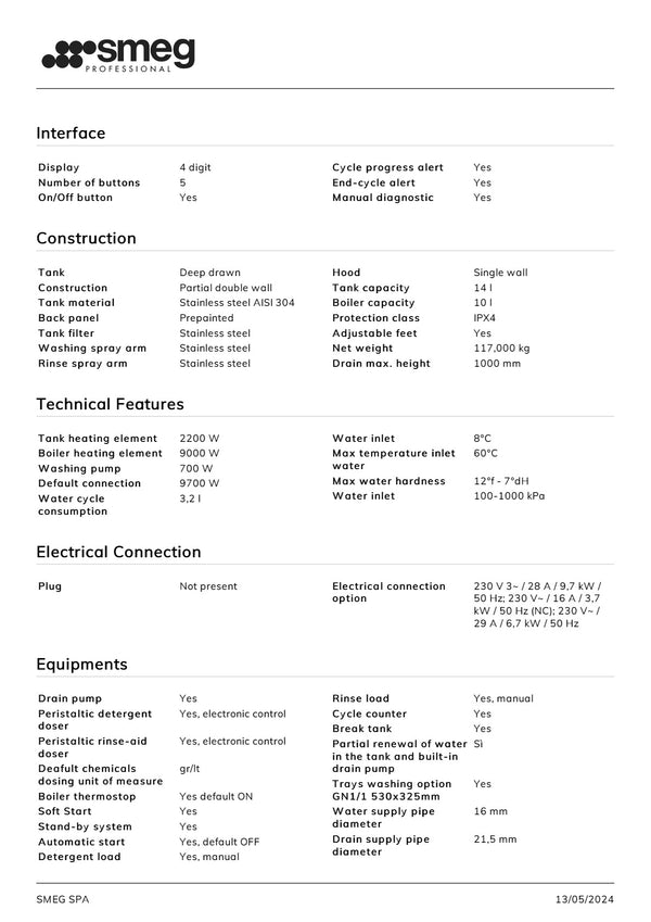 Smeg Professional Ecoline SPH505AU - Pass Through Dishwasher