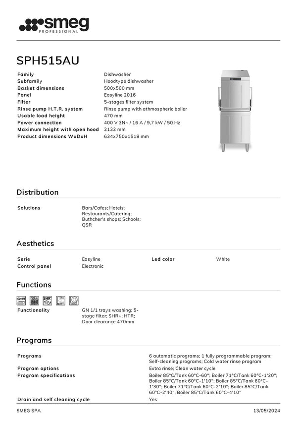 Smeg Professional Easyline SPH515AU - Pass Through Dishwasher