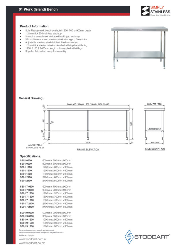 Simply Stainless SS01.7.2400 - Stainless Steel Work Bench