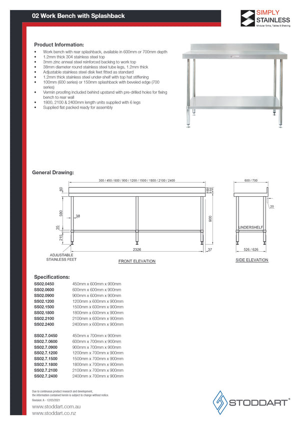 Simply Stainless SS02.7.2400 - Stainless Steel Work Bench