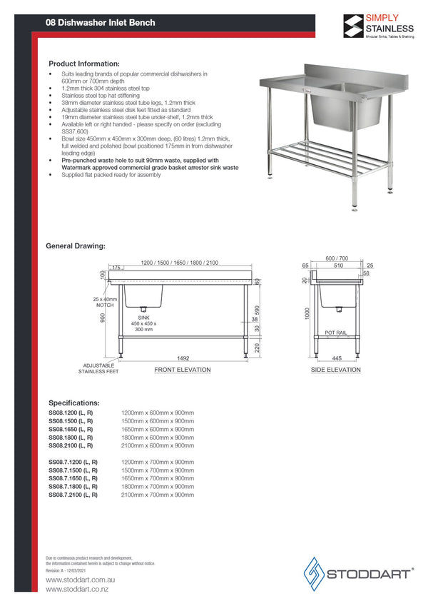 Simply Stainless SS08.1200R - Stainless Steel Dishwasher Inlet Bench