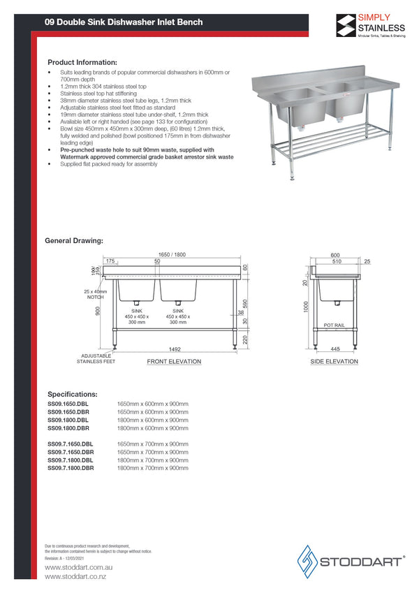 Simply Stainless SS09.1800DBL - Double Sink Dishwasher Inlet Bench