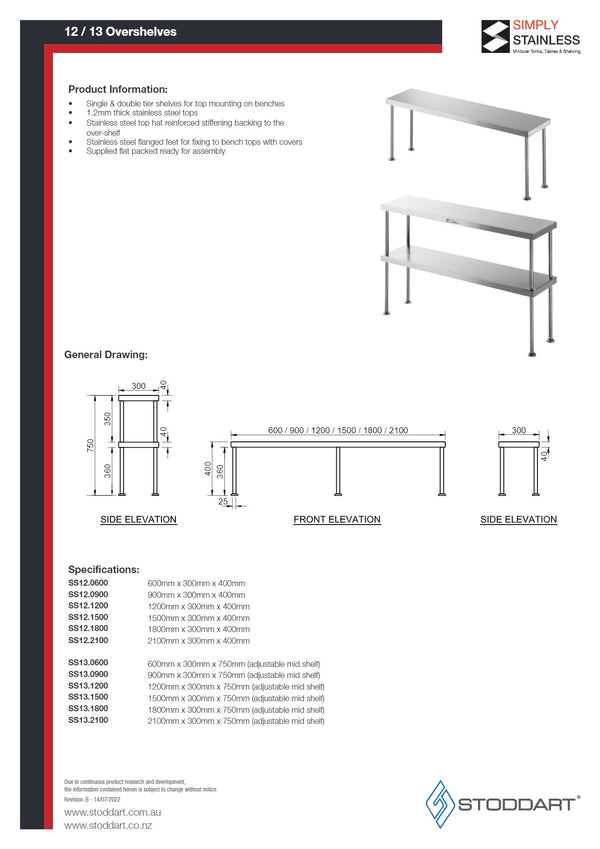 Simply Stainless SS13.1200 - Stainless Steel Double Bench Over Shelf