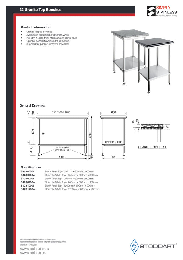 Simply Stainless SS23.1200W - Granite Topped Bench