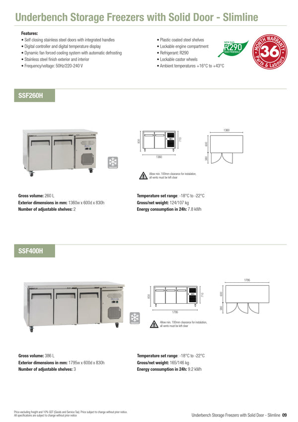 Exquisite SSF400H - Three Solid Door Underbench Freezer