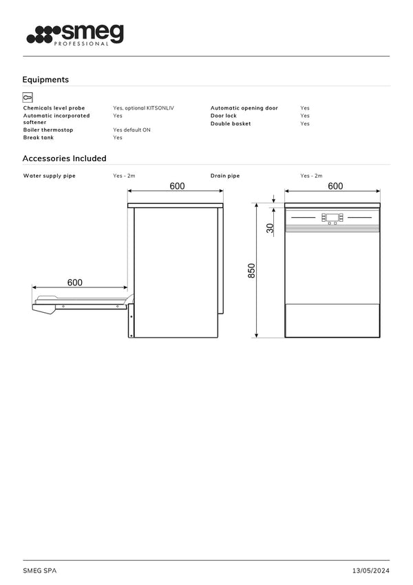Smeg Professional SWT Series SWT262TAUS - Underbench Dishwasher with Commercial Tablet & Rinse Aid System