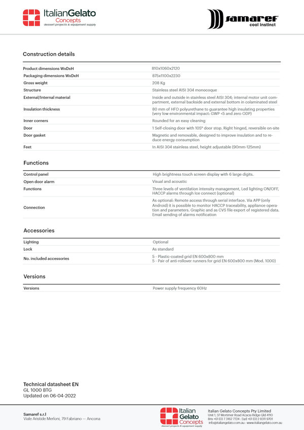 Samaref GL 1000 - Gelato Storage Freezer