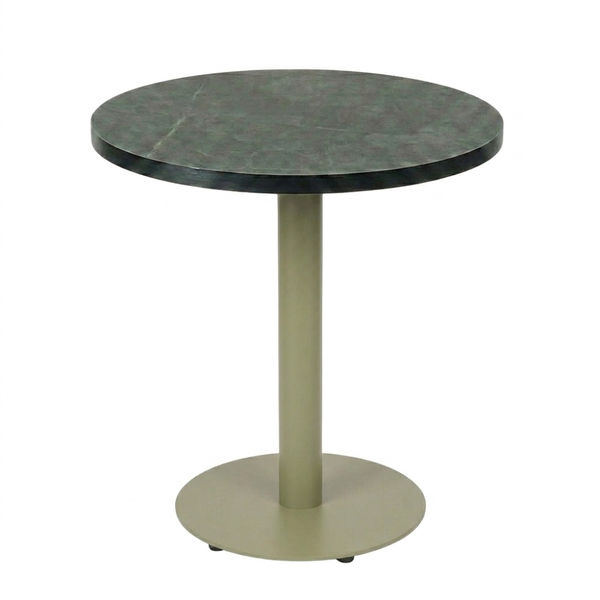 Black Aluminium Edge HPL Laminate Tabletop in Smokestone Complete Table with Round 450 Moss Green Table Base
