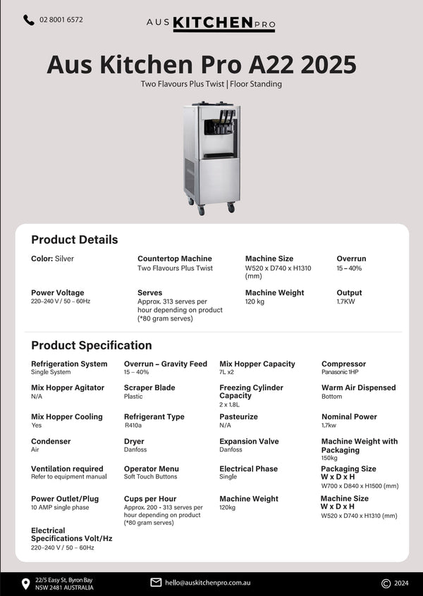Aus Kitchen Pro A22 - Soft Serve Ice Cream/Acai Machine