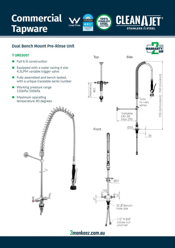 3Monkeez T-3M53007 - Stainless Steel Dual Bench Mount Pre-Rinse