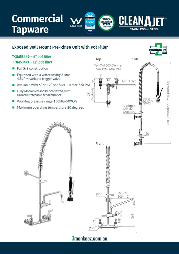 3Monkeez T-3M53449 - Stainless Steel Exposed Wall Mount Pre-Rinse