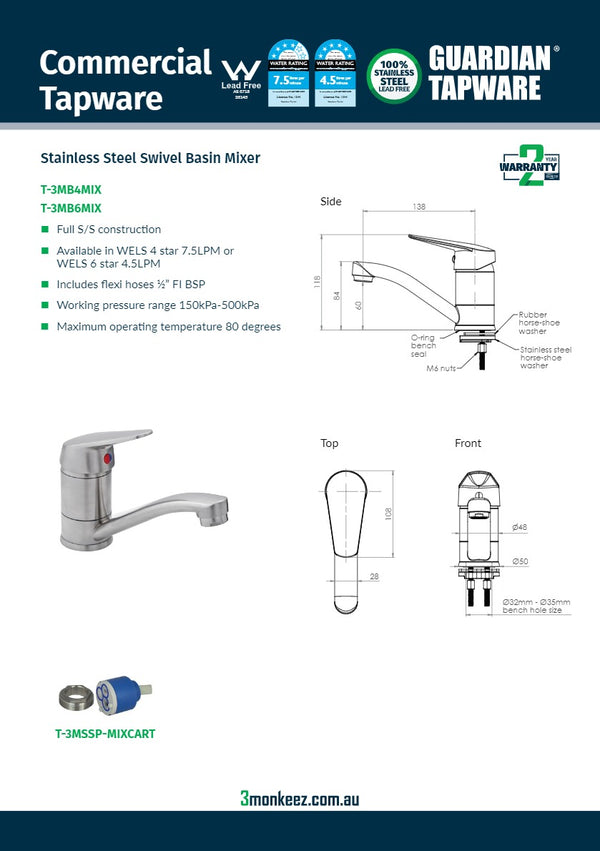 3Monkeez T-3MB4MIX - Stainless Steel Swivel Basin Mixer