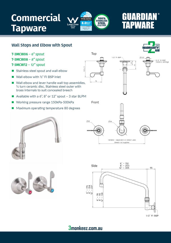 3Monkeez T-3MCW08 - Wall Stops & Elbow with 8" Spout