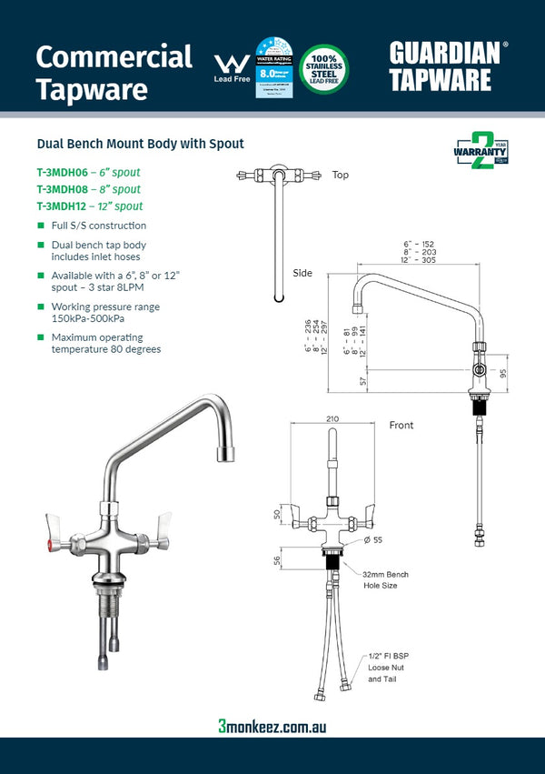3Monkeez T-3MDH12 - Dual Bench Mount Tap Body with 12" Spout