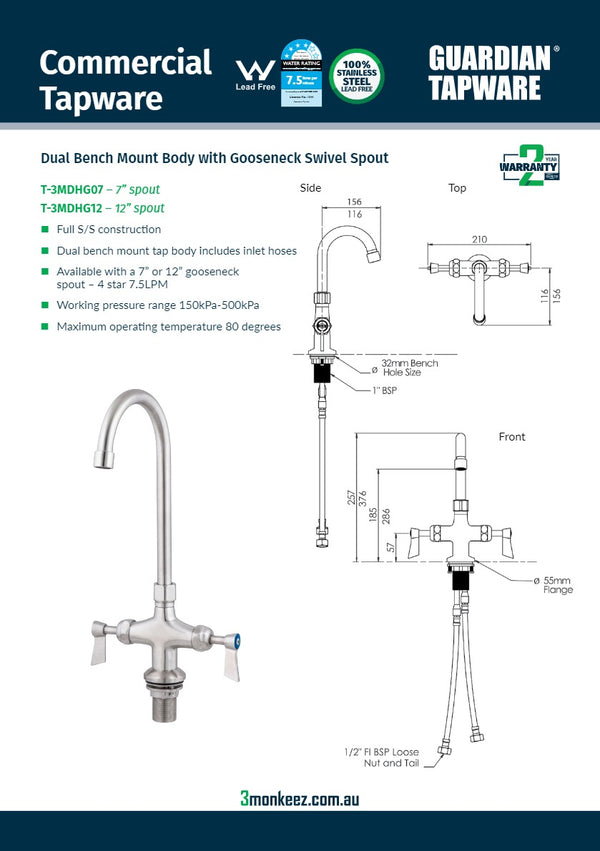 3Monkeez T-3MDHG07 - Dual Bench Mount Body with Gooseneck Swivel 7" Spout