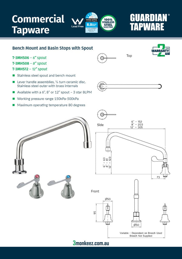 3Monkeez T-3MHS08 - Bench Mount & Basins Stops with 8" Spout