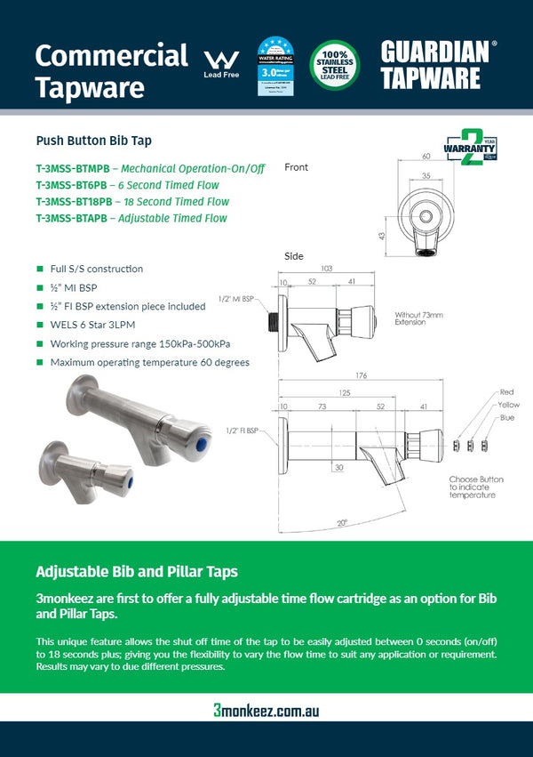 3Monkeez T-3MSS-BT18PB - Push Button Bib Tap