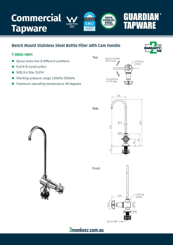 3Monkeez T-3MSS-HBFC - Bench Mount Cam Action Bottle Filler
