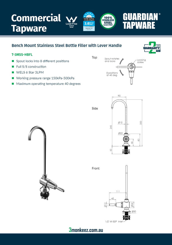 3Monkeez T-3MSS-HBFL - Bench Mount Lever Handle Bottle Filler