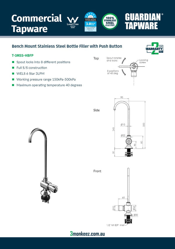 3Monkeez T-3MSS-HBFP - Bench Mount Push Button Bottle Filler