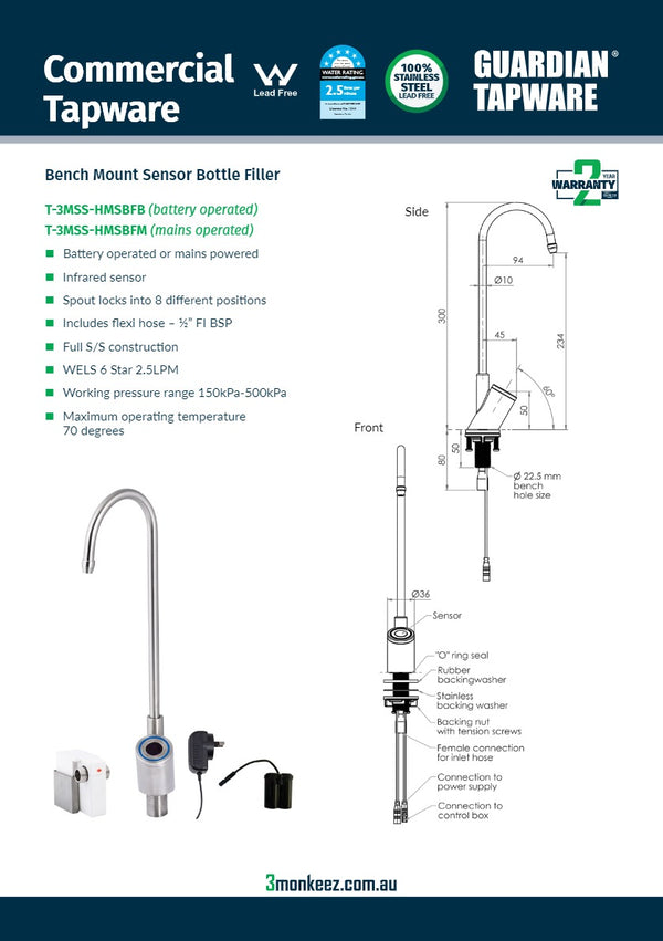 3Monkeez T-3MSS-HMSBFB - Hob Mounted Infrared Sensor Bottle Filler