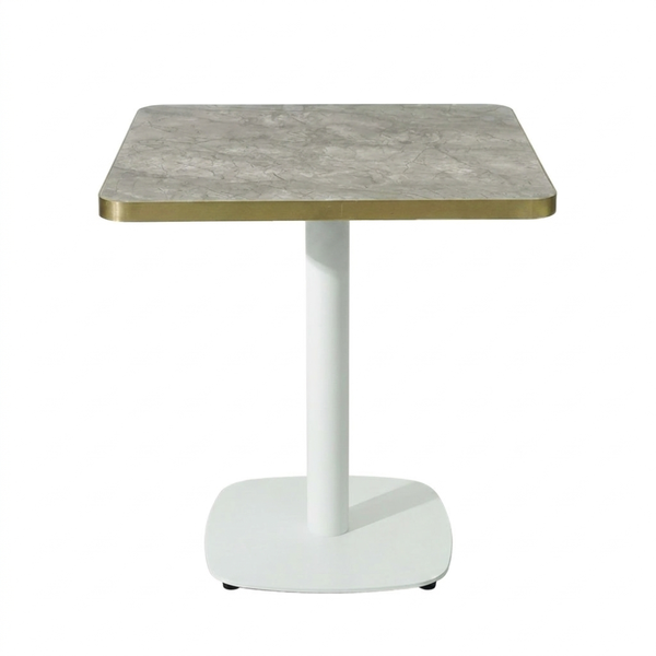 Gold Aluminium Edge HPL Laminate Tabletop in Tawny Marble Complete Table with White Cavallo 450 Table Base