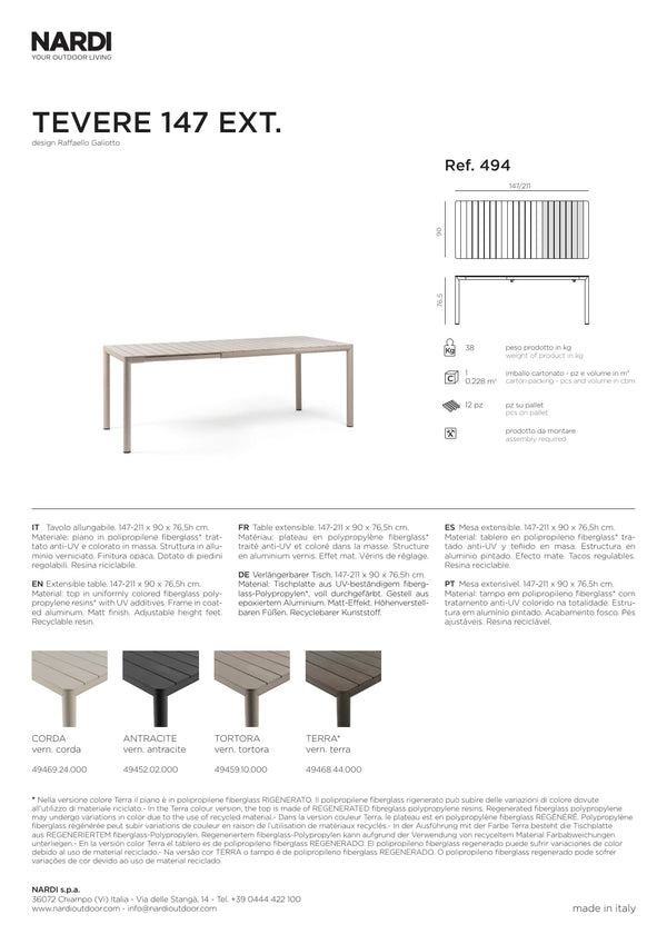 Nardi Tevere 147 Aluminium Outdoor Extendable Dining Table