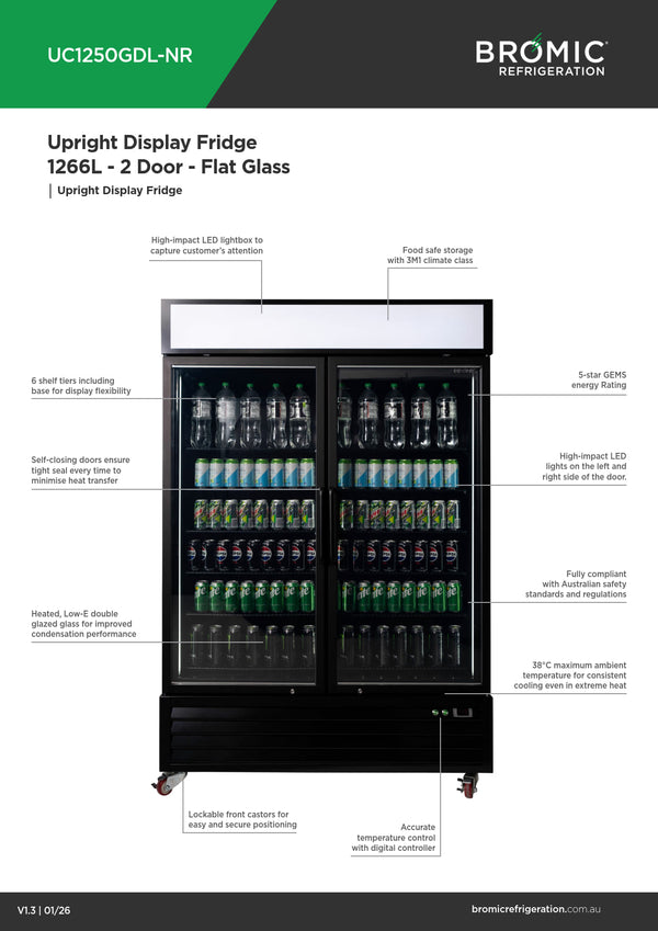 Bromic UC1250GDL-NR - Upright Display Fridge