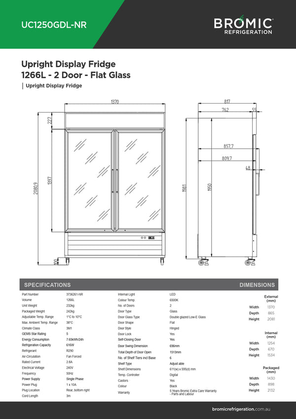 Bromic UC1250GDL-NR - Upright Display Fridge