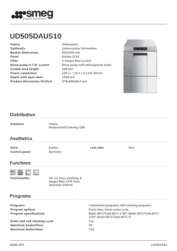 Smeg Professional Ecoline UD505DAUS10 - Underbench Dishwasher
