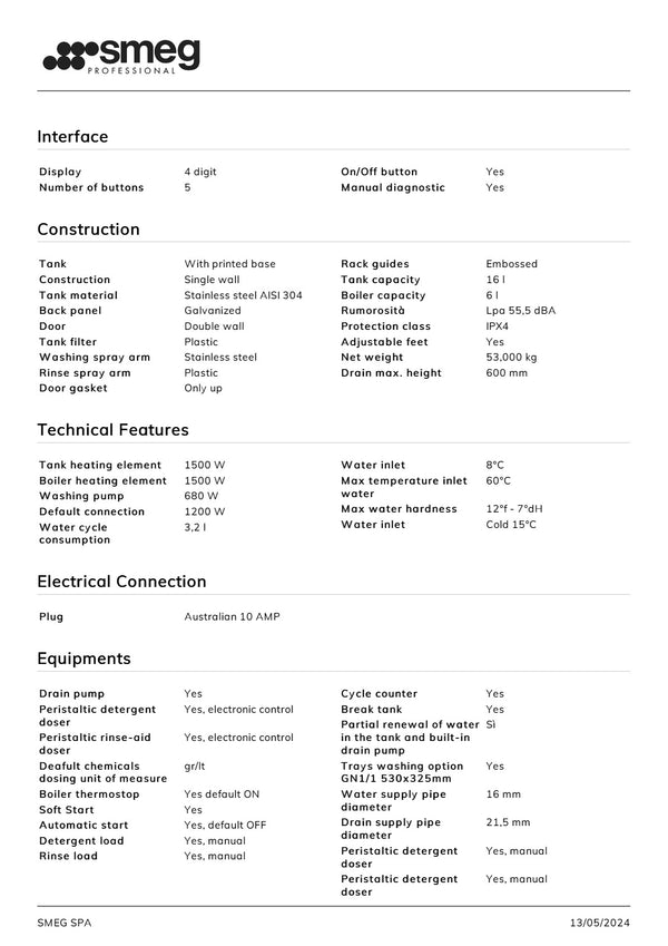 Smeg Professional Ecoline UD505DAUS10 - Underbench Dishwasher