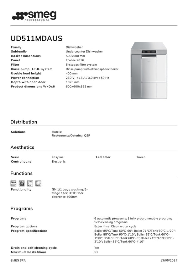 Smeg Professional Easyline UD511MDAUS - Underbench Dishwasher