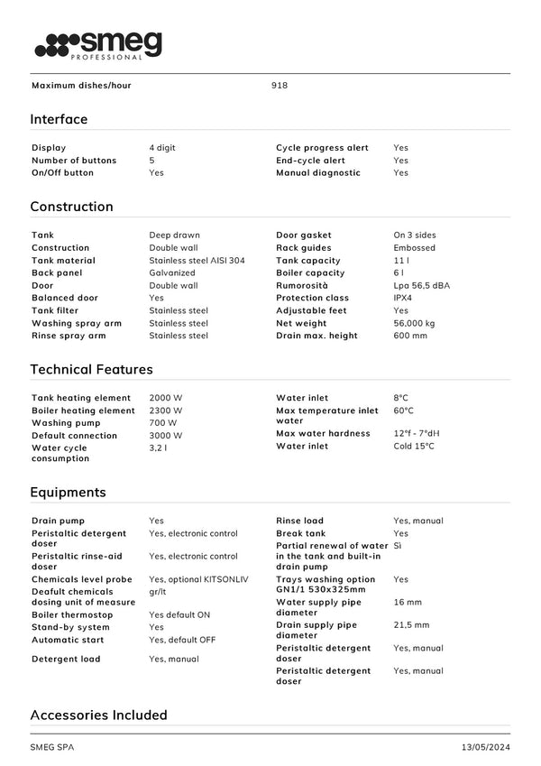 Smeg Professional Easyline UD511MDAUS - Underbench Dishwasher