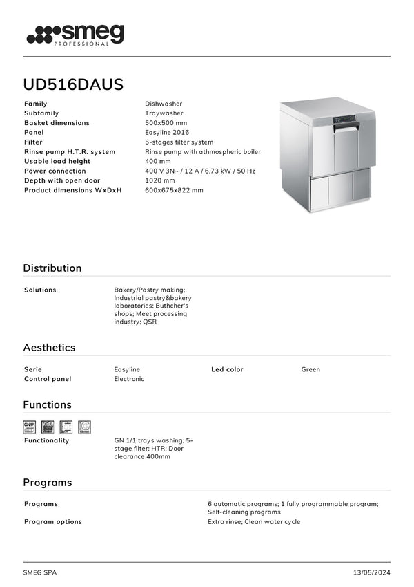 Smeg Professional Special Line UD516DAUS - Underbench Dishwasher