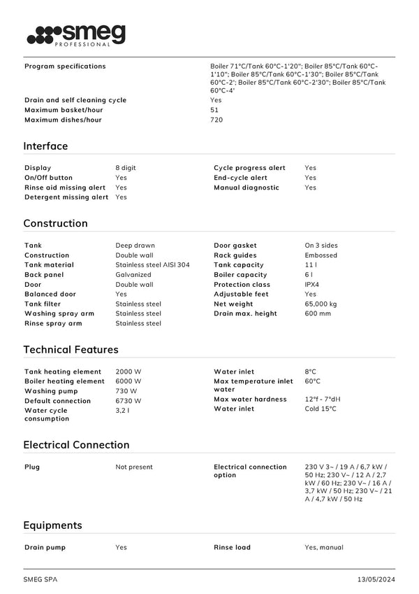 Smeg Professional Special Line UD516DAUS - Underbench Dishwasher