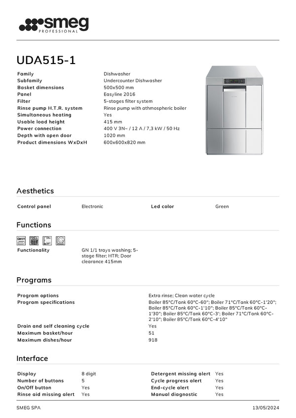 Smeg Professional Special Line UDA515-1 - Underbench Dishwasher
