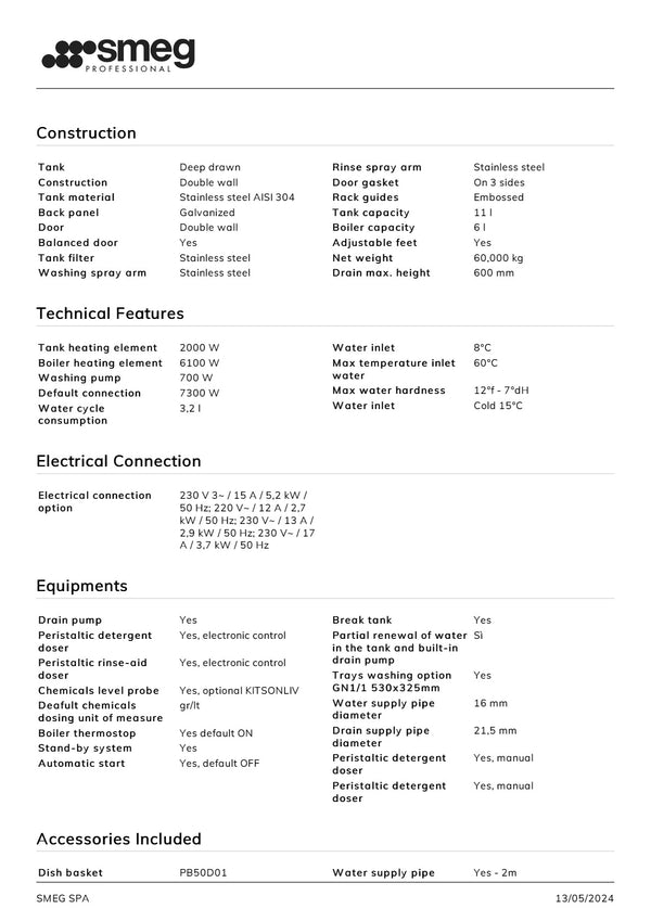 Smeg Professional Special Line UDA515-1 - Underbench Dishwasher