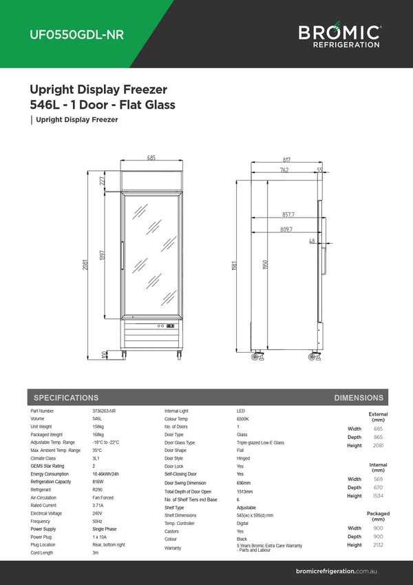 Bromic UF0550GDL-NR - Upright Display Freezer