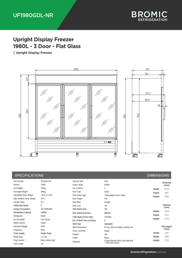 Bromic UF1980GDL-NR - Upright Display Freezer