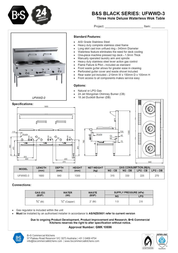 B+S Black UFWWD-3 - Waterless Wok Table