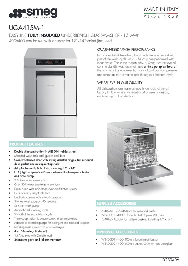Smeg Professional Easyline UGA415M-1 - Underbench Glasswasher